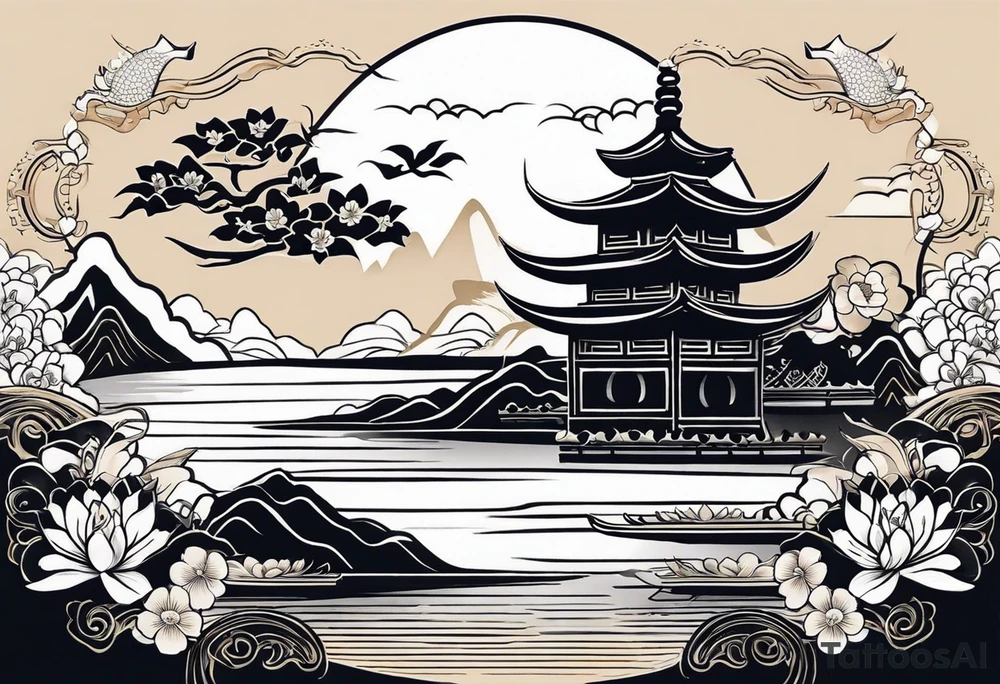 A black Vietnamese tattoo design featuring intricate depictions of sacred animals like the dragon and turtle intertwined with majestic mountains and lush rice fields. Incorporate iconic elements such as the conical straw hat floating above, surrounded by blooming lotus flowers and traditional silk lanterns. The tattoo reflects the essence of Vietnam's breathtaking nature, with swirling mist and flowing water elements woven into the composition, merging traditional artistry with a modern flair. Use a color palette that evokes the lush greens of the countryside and the warm tones of sunset. tattoo idea