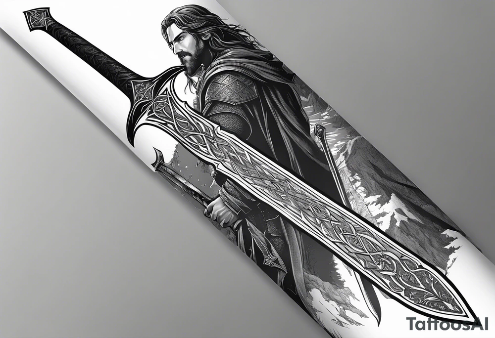 sword of arundil from lord of the rings, with the map of middle earth behind it. Placement side of my left calf. tattoo idea
