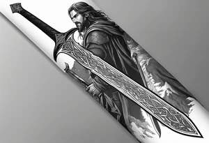 sword of arundil from lord of the rings, with the map of middle earth behind it. Placement side of my left calf. tattoo idea