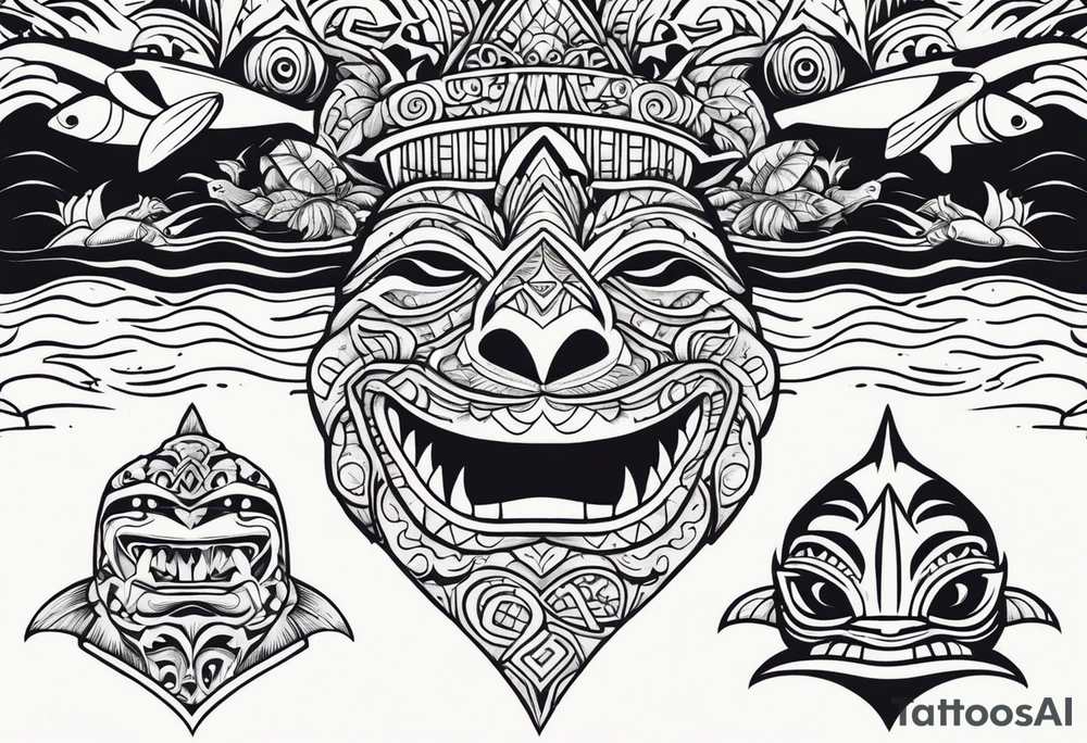a Polynesian island 3 faced tiki surrounded by a shark, a turtle in an underwater ocean setting tattoo idea
