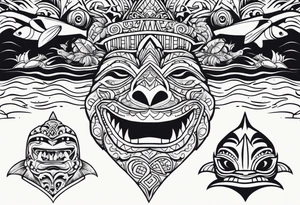 a Polynesian island 3 faced tiki surrounded by a shark, a turtle in an underwater ocean setting tattoo idea