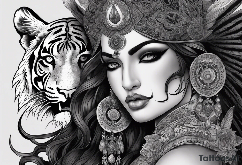 black kali, goddess pirate, alien, angel, pachamama, valkrye, warrior, flying, skull, lotus azul, wing, eagle, zenza resonance, stars, 5D, anahata chakra, death, durga, riding on a tiger, flying lady, kundalini, chest tatoo, samuri, rebel, serpent tattoo idea