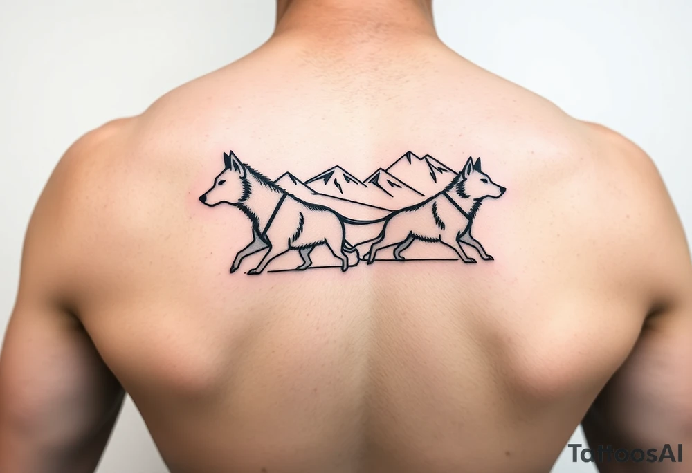 4 Sled dogs from a side view 
with sled and northern lights and mountains tattoo idea
