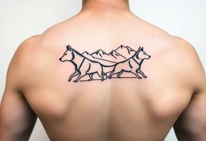 4 Sled dogs from a side view 
with sled and northern lights and mountains tattoo idea