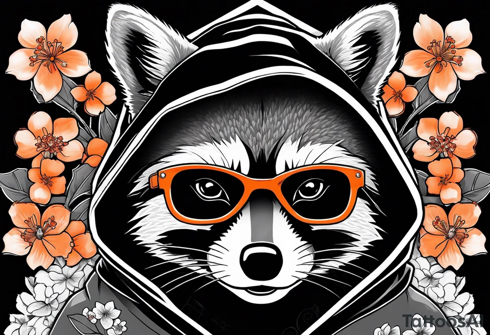 Raccoon wearing a white Superman logo on a black hoodie and orange Japanese cherry blossoms beside tattoo idea