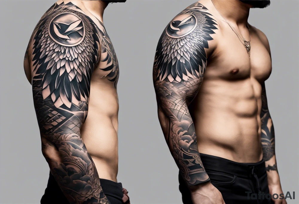 A full tattoo sleeve with a strong, masculine design, featuring a central motif of a majestic dove in flight, symbolizing peace and freedom. The dove is depicted with detailed feathers and dynamic movement, making it the focal point of the sleeve. Positioned subtly yet prominently, an intricately detailed eye within an equilateral triangle is incorporated into the design, representing the all-seeing eye or third eye. This eye is carefully shaded to blend seamlessly with the overall design, providing a symbolic layer without overshadowing the dove. Surrounding these elements, incorporate roses and leaves, rendered with rich, deep shading to create a cohesive and elegant backdrop. The roses, symbolizing beauty and resilience, and the leaves, adding a touch of natural grace, weave around the dove and eye, creating a harmonious and integrated look. The design features bold shading and contrasts, enhancing the details of both the dove and the floral elements, resulting in a powerful and balanced masculine sleeve with a blend of symbolic and artistic depth. tattoo idea