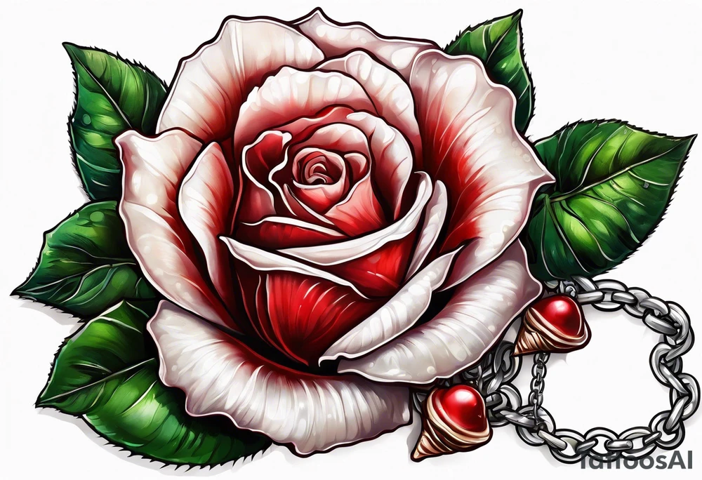 Red rose with a chain made of pearls and a seashell tattoo idea