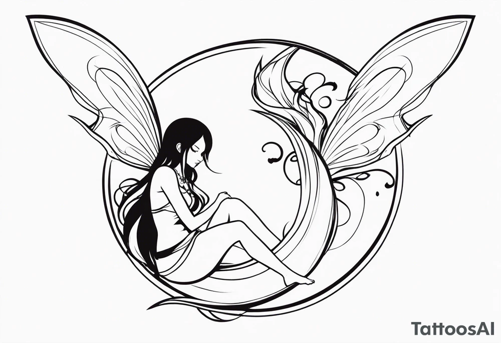 A fairy with a tail inspired by the logo of the show called Fairy Tail in a fetal position leaning in tattoo idea
