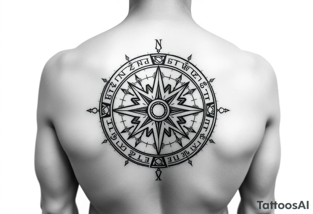 Create a line work Viking compass using symbols for protection, wisdom, and knowledge from both the Aztec and Viking cultures. Make the image very simple and able to print. Outline only not a lot of thick black use Elder Futhark runes for protection, wisdom and luck. tattoo idea