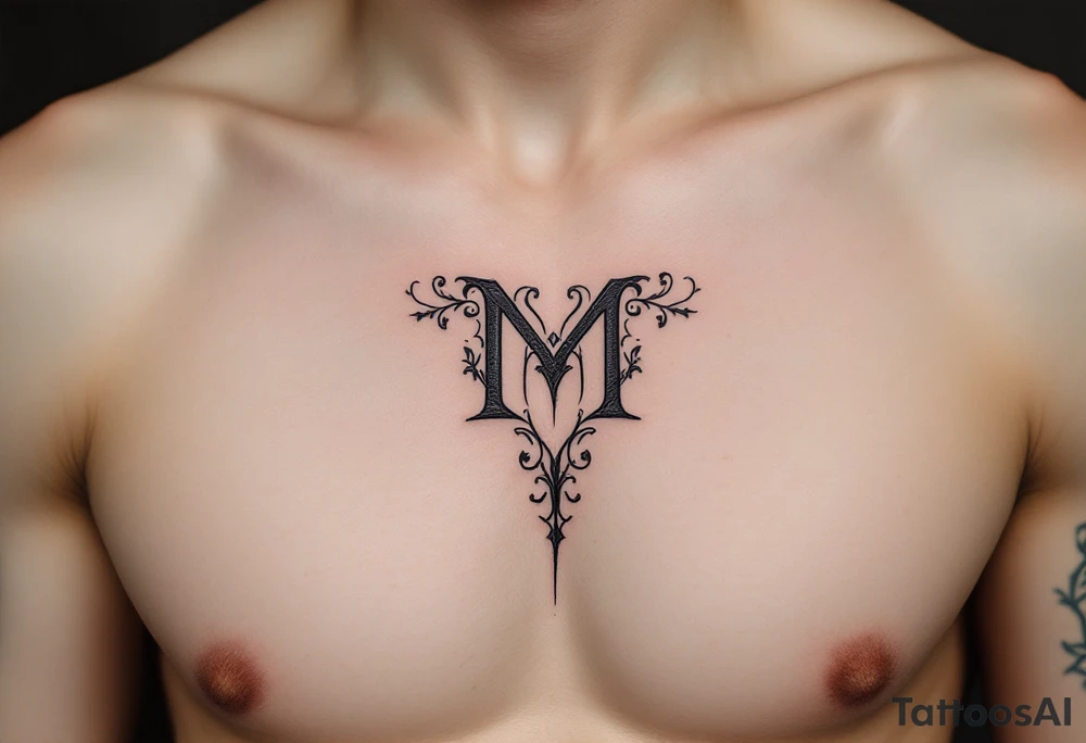A medieval "M" in steel gray with engraved ornamental flourishes. tattoo idea