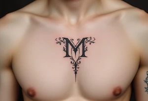 A medieval "M" in steel gray with engraved ornamental flourishes. tattoo idea