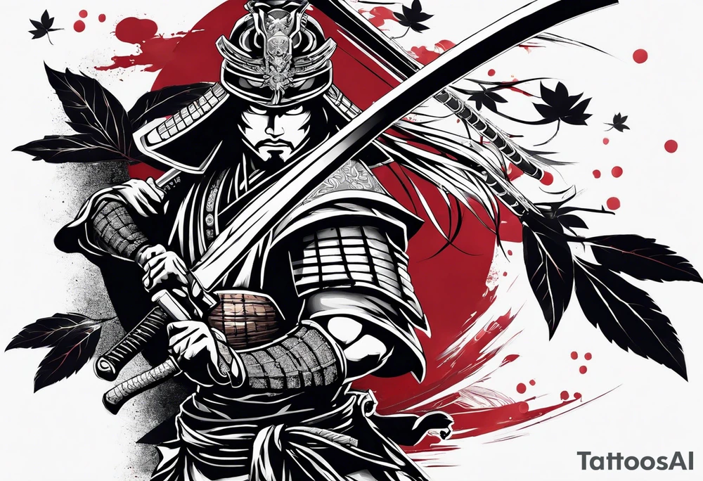 samurai with sword in blood, in armor, for a forearm
Should contains sakura leaves in Anime style. Some Ghost of Taushima vibe
The tatoo should show i have dedication, respect and inner strength, and I try to become better everyday tattoo idea