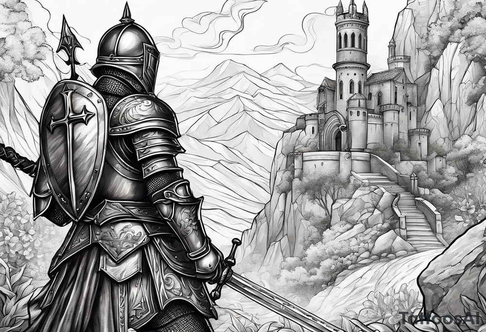 knight kneeling cross of saint george in background tattoo idea