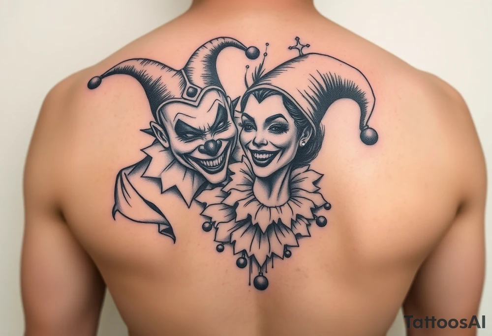 jester clown behind female jester making her smile tattoo idea