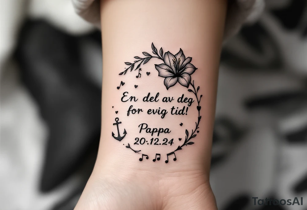 make a quote that says "En del av deg for evig tid! Pappa 20.12.24" Surrounded by gladiolus, music notes, hearts and an anchor tattoo idea