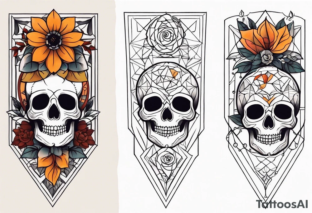 Knee tattoo with fall colors, flowers, skulls and geometric shapes. tattoo idea