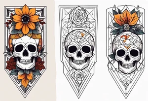 Knee tattoo with fall colors, flowers, skulls and geometric shapes. tattoo idea
