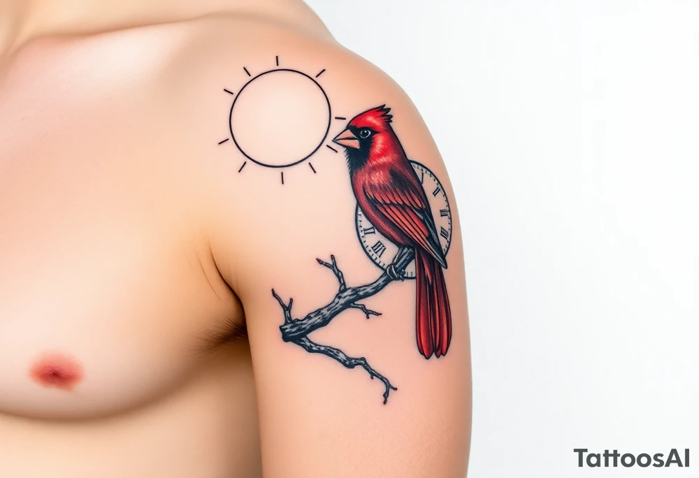 Create an image for a half sleeve tattoo on the right arm of a man.  The tattoo should incorporate a red cardinal bird on a tree branch with a sun and a clock.  It should also incorporate a quote of "Happiness is not by chance but by choice". tattoo idea