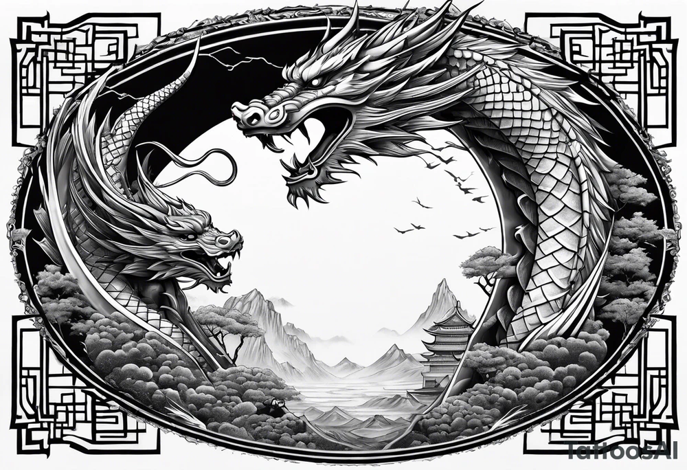 Dragón and samurai in zen circule, tori gate tattoo idea