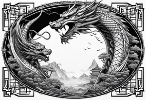Dragón and samurai in zen circule, tori gate tattoo idea