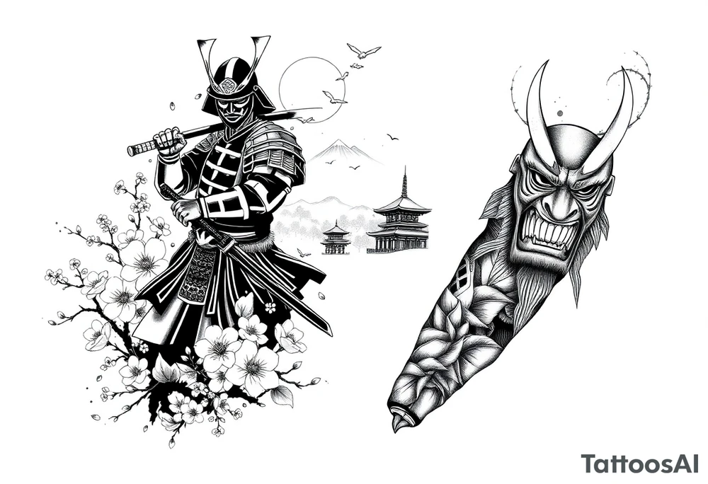 Design an all-black full arm sleeve tattoo featuring a Japanese samurai in full armor with a katana, positioned dynamically. Surrounding the samurai are flowing cherry blossoms, a misty mountain range, and traditional Japanese structures like a pagoda. On the inner forearm, include a detailed Oni mask with sharp features and exaggerated shading. Use dark, dense black ink to create depth, with smooth transitions between the elements, blending the samurai, blossoms, mask, and mountains into a cohesive, flowing design tattoo idea