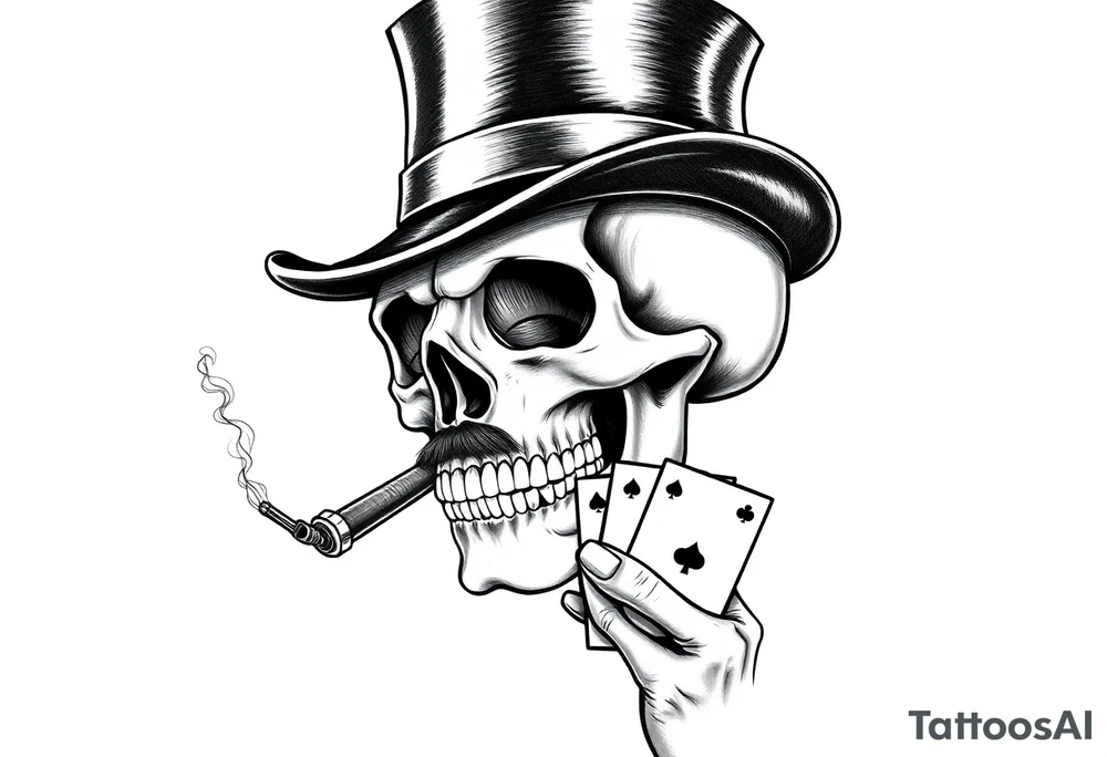 a skull with mustache,top-hat, cigar in his mouth and playing cards in a hand. tattoo idea