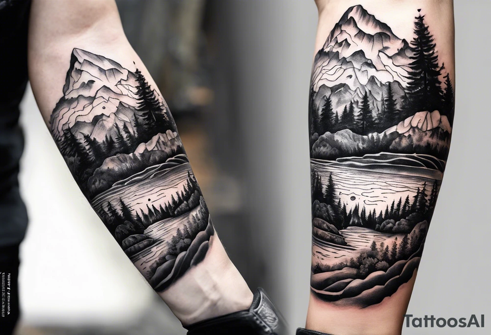 Patte avec dans chaque petite coussinets un des 4 éléments et dans le gros coussinets paysage montagneux cours d'eau tattoo idea