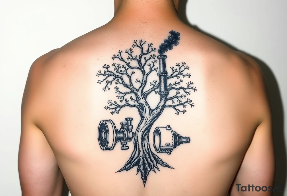 tree growing out of a v shaped 
engine with a smoke stack coming out of the top of the tree billowing black smoke with a steam punk vibe tattoo idea