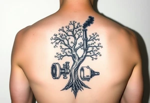 tree growing out of a v shaped 
engine with a smoke stack coming out of the top of the tree billowing black smoke with a steam punk vibe tattoo idea