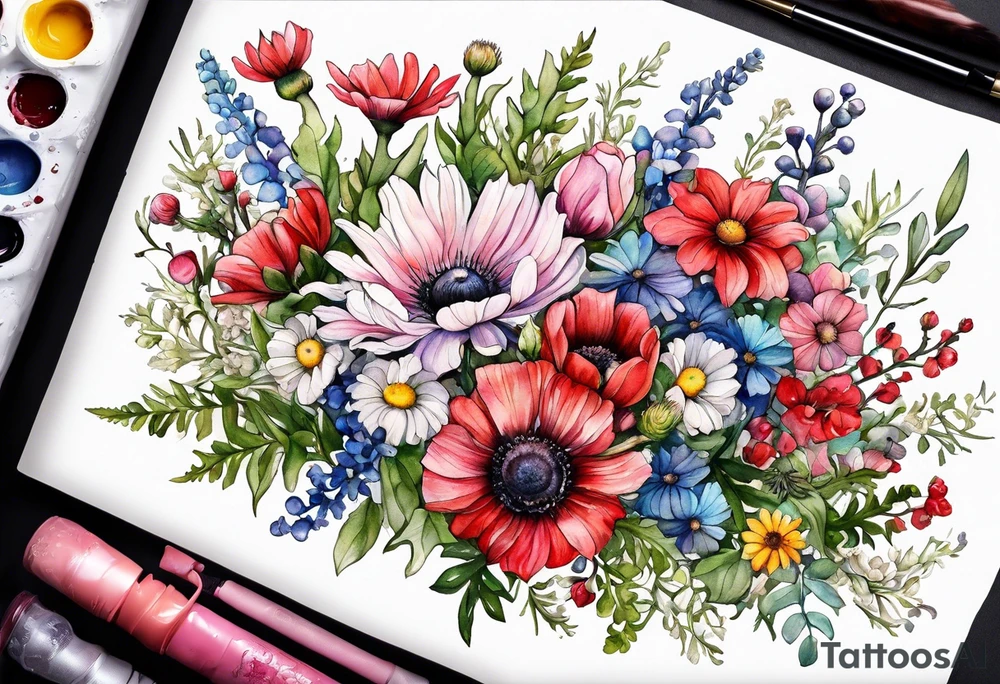 wildflowers cascading with thistles, ferns, white anemones, sun flowers, buttercups, pink flowers, red flowers, babys breath and daisies all in watercolor tattoo idea
