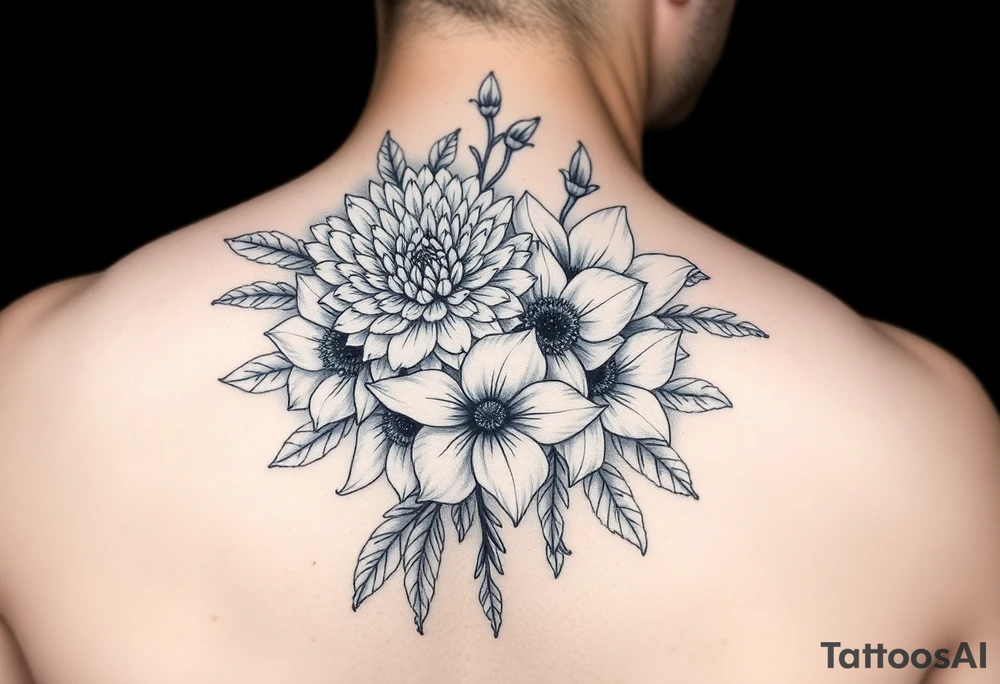Bouquet of chrysanthemum peony cherry blossom and daffodils tattoo idea