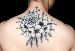 Bouquet of chrysanthemum peony cherry blossom and daffodils tattoo idea
