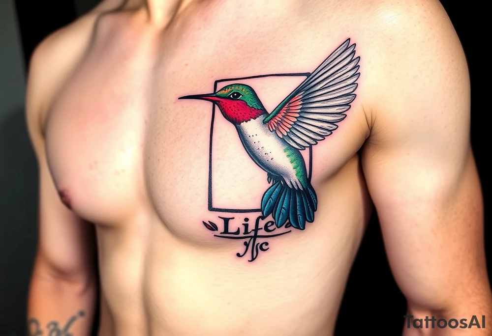 A hummingbird flying through a cartouche (Egyptian nameplate) that spells out a meaningful word like “Life” or “Strength.”(only red , blue and black are possible colors) tattoo idea