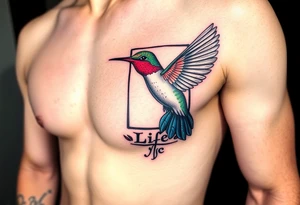 A hummingbird flying through a cartouche (Egyptian nameplate) that spells out a meaningful word like “Life” or “Strength.”(only red , blue and black are possible colors) tattoo idea