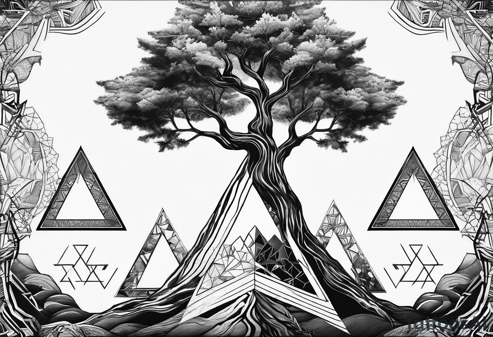 minimalistic Yggdrasil tree with 3 triangles set behind it tattoo idea