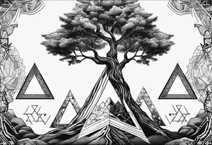 minimalistic Yggdrasil tree with 3 triangles set behind it tattoo idea