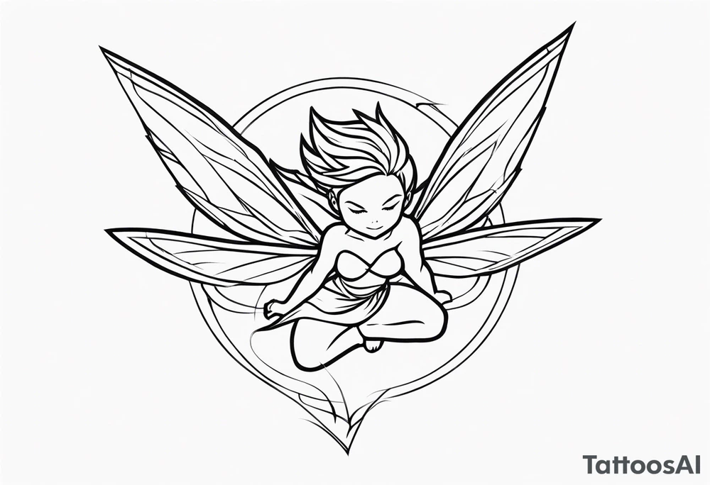 No color fairy with a tail inspired by the logo of the anime show called Fairy Tail in a fetal position leaning in and forward in the air flying tattoo idea