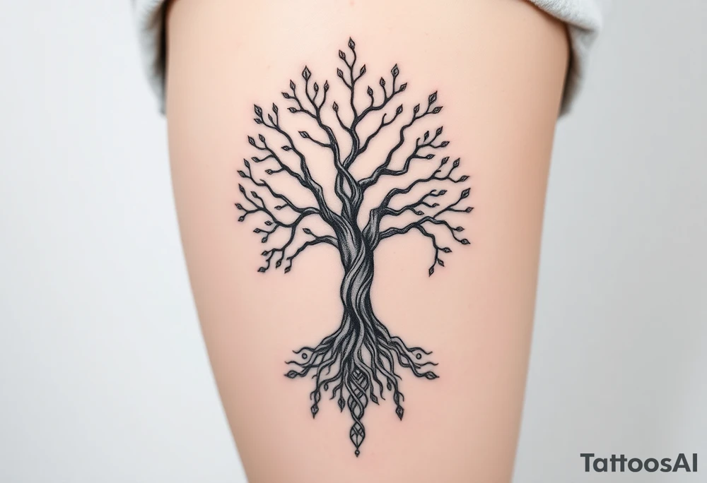 mystical tree of life with cosmic roots and celestial branches tattoo idea
