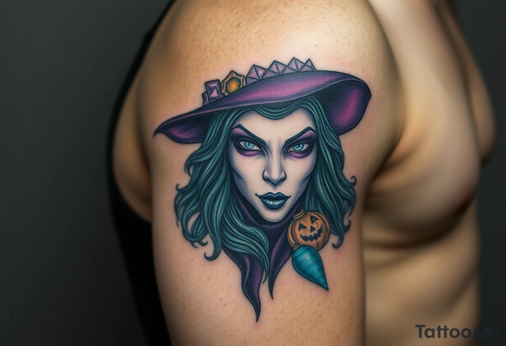 A witches portrait with purple and teal accents and halloween ornaments tattoo idea