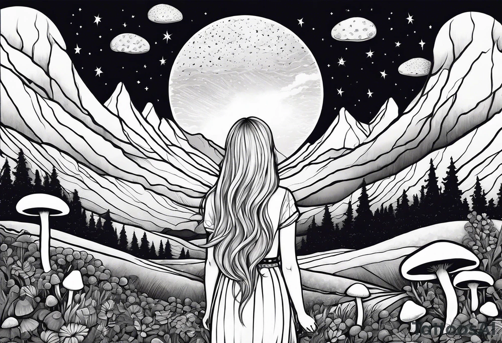 Straight blonde hair girl facing away mountains surrounded by mushrooms crescent moon tattoo idea