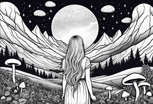Straight blonde hair girl facing away mountains surrounded by mushrooms crescent moon tattoo idea