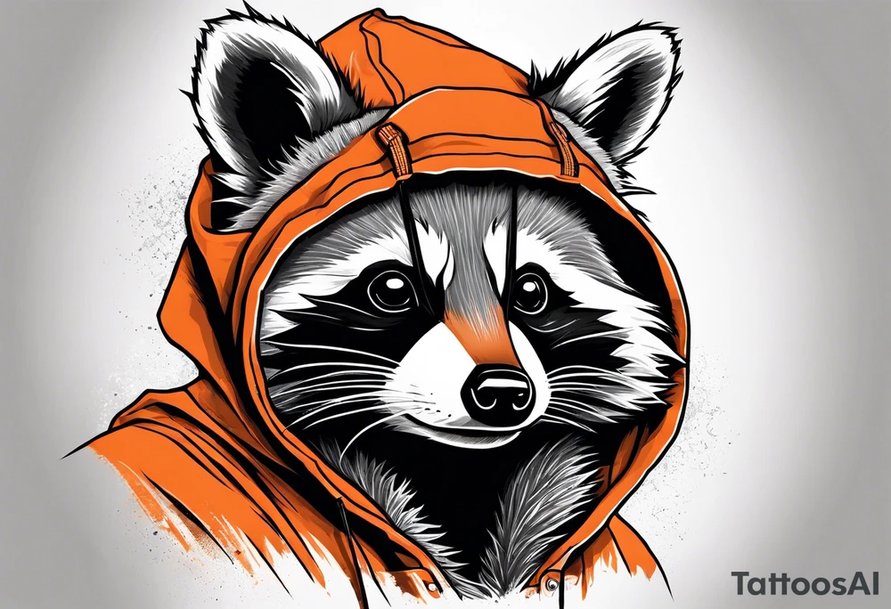 Raccoon wearing an orange Superman hoodie tattoo idea