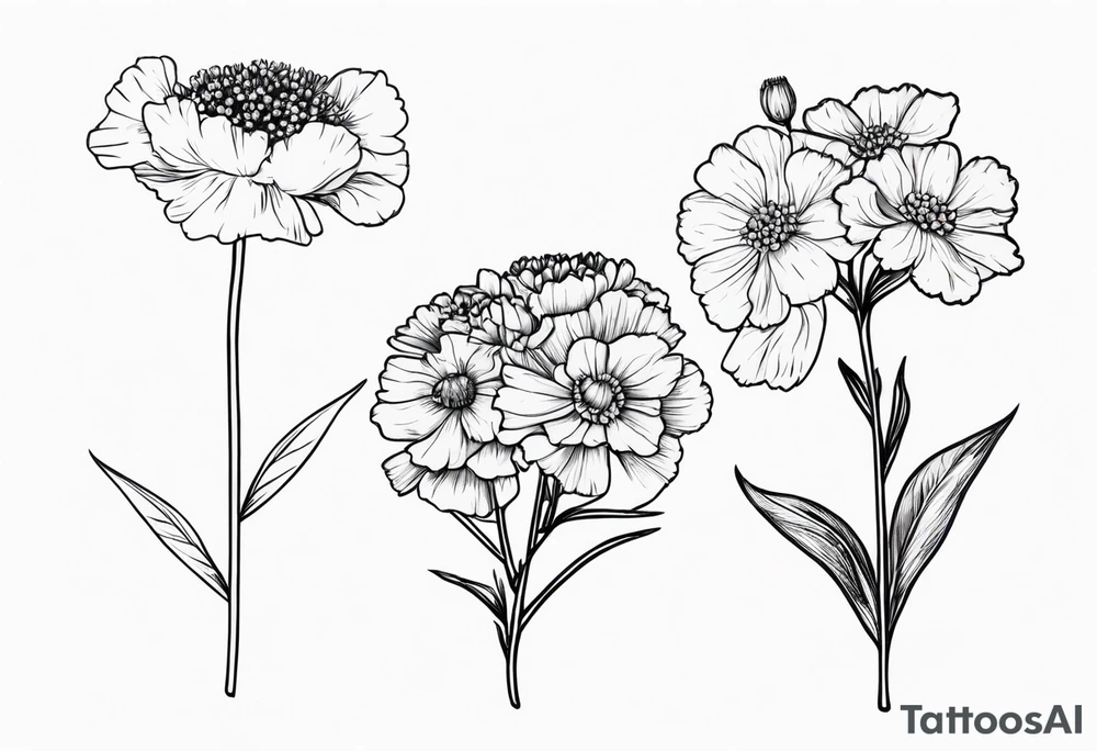 a simplistic bouquet of forget me not , carnation , and aster flowers with a stem tattoo idea