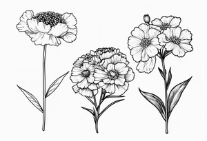 a simplistic bouquet of forget me not , carnation , and aster flowers with a stem tattoo idea