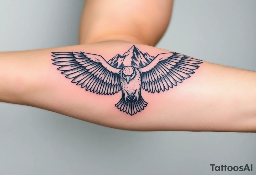 majestic eagle spreading wings against mountain peaks tattoo idea