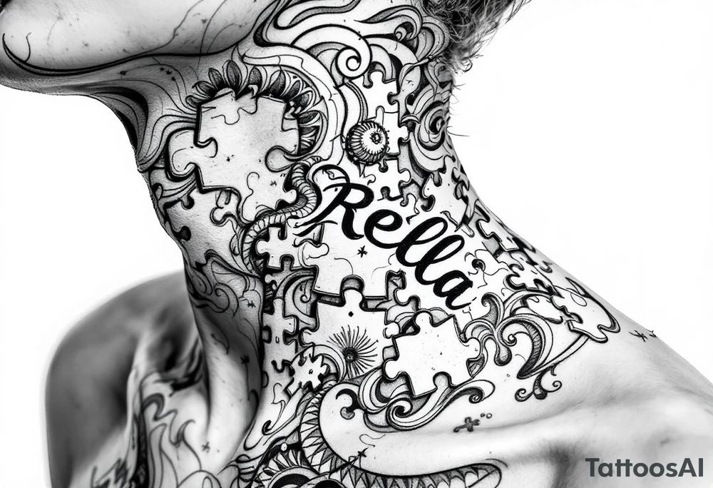 Cover the whole side of the neck puzzle piece tattoo where one of the pieces says Rella tattoo idea