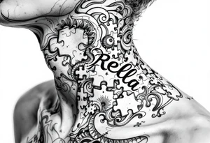 Cover the whole side of the neck puzzle piece tattoo where one of the pieces says Rella tattoo idea