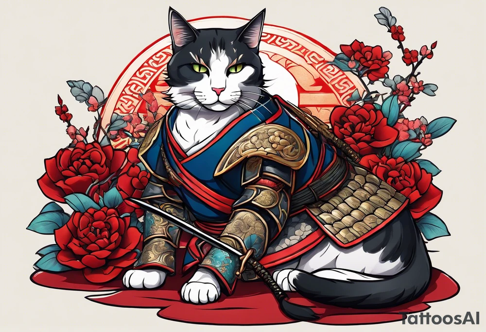 Full body of a cat in samurai armor on top of dead bodies tattoo idea