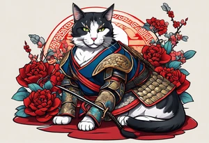 Full body of a cat in samurai armor on top of dead bodies tattoo idea