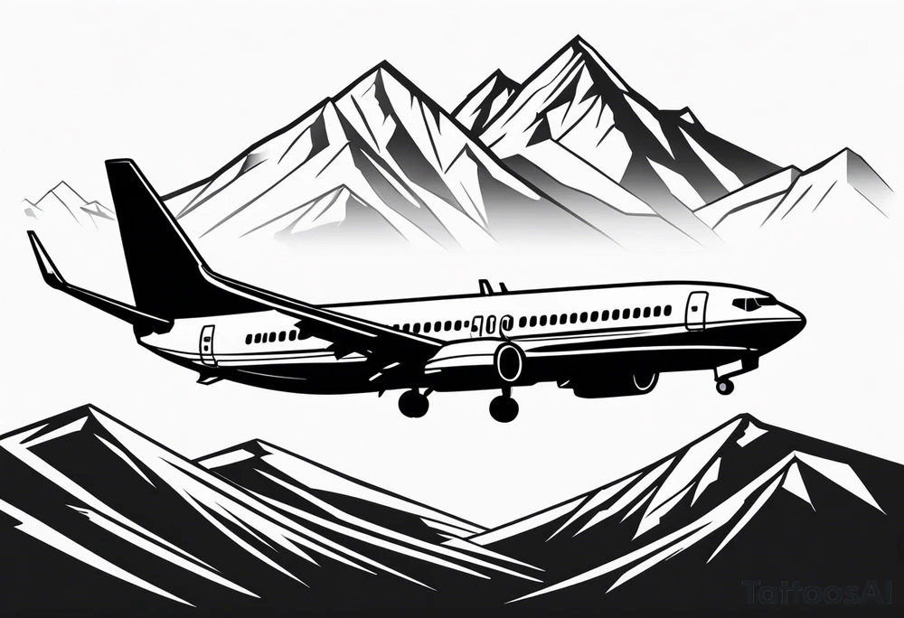 boeing 737 silhouette viewed from infront of the plane, and the silhouette is filled in with mountain scenery, and has a thin black lined border in an oblong diamond shape tattoo idea